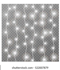 Garlands, Christmas Decorations. Christmas Bulb Light Design Elements.Vector Isolated Realistic Glowing Garland Threads Of White Lamp Lights. Vertically Hanging Bulb