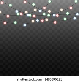 Garlands, Christmas decorations, lighting effects. Realistic color vector illustration. Separate vector design elements. Christmas decorations, glowing lights for Xmas Holiday design.