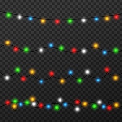 Garlands, Christmas Decorations Lights Effects. Isolated Vector Design Elements. Glowing Lights For Xmas Holiday Greeting Card Design. Colored Led Light And Luminous Neon.