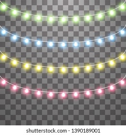 Garlands, Christmas decorations lights effects. Isolated vector design elements. Glowing lights for Xmas Holiday greeting card design. Colored led light and luminous neon