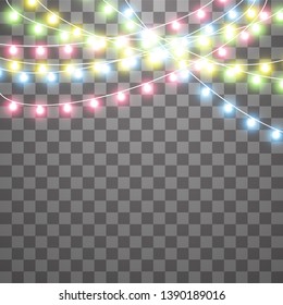 Garlands, Christmas decorations lights effects. Isolated vector design elements. Glowing lights for Xmas Holiday greeting card design. Colored led light and luminous neon
