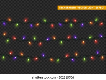 Garlands, Christmas decorations lights effects. Isolated vector design elements. Glowing lights for Xmas Holiday greeting card design. Christmas decoration realistic luminous garland