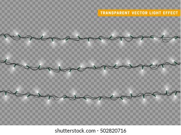 Garlands, Christmas decorations lights effects. Isolated vector design elements. Glowing lights for Xmas Holiday greeting card design. Christmas decoration realistic luminous garland