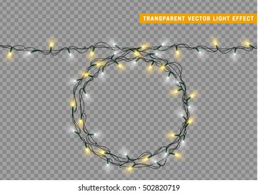 Garlands, Christmas decorations lights effects. Isolated vector design elements. Glowing lights for Xmas Holiday greeting card design. Christmas decoration realistic luminous garland