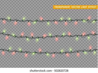 Garlands, Christmas decorations lights effects. Isolated vector design elements. Glowing lights for Xmas Holiday greeting card design. Christmas decoration realistic luminous garland