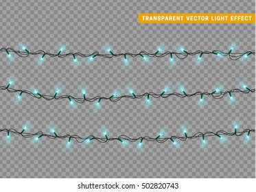 Garlands, Christmas decorations lights effects. Isolated vector design elements. Glowing lights for Xmas Holiday greeting card design. Christmas decoration realistic luminous garland