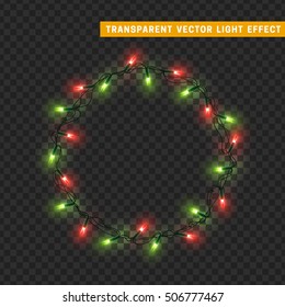 Garlands, Christmas decorations lights effects. Isolated vector design elements. Glowing lights for Xmas Holiday greeting card design. Christmas decoration realistic luminous garland