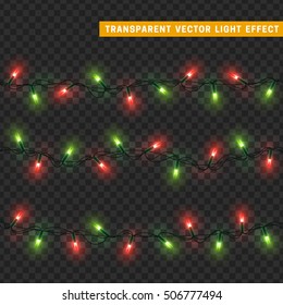 Garlands, Christmas decorations lights effects. Isolated vector design elements. Glowing lights for Xmas Holiday greeting card design. Christmas decoration realistic luminous garland