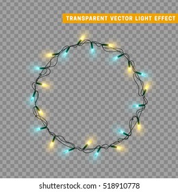 Garlands, Christmas decorations lights effects. Isolated vector design elements. Glowing lights for Xmas Holiday greeting card design. Christmas decoration realistic luminous garland