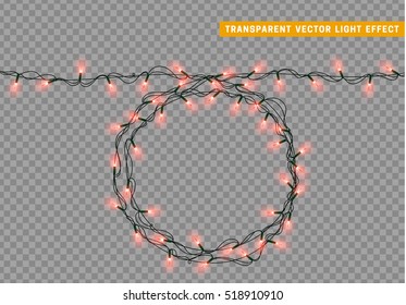 Garlands, Christmas decorations lights effects. Isolated vector design elements. Glowing lights for Xmas Holiday greeting card design. Christmas decoration realistic luminous garland