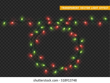 Garlands, Christmas decorations lights effects. Isolated vector design elements. Glowing lights for Xmas Holiday greeting card design. Christmas decoration realistic luminous garland