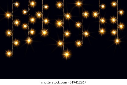Garlands, Christmas decorations lights effects. Isolated vector design elements. Glowing lights for Xmas Holiday greeting card design. Christmas decoration realistic luminous garland.