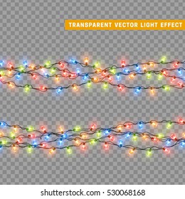 Garlands, Christmas decorations lights effects. Isolated vector design elements. Glowing lights for Xmas Holiday greeting card design. Colored led light and luminous neon.