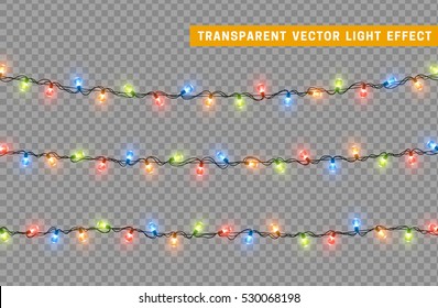 Garlands, Christmas decorations lights effects. Isolated vector design elements. Glowing lights for Xmas Holiday greeting card design. Colored led light and luminous neon.