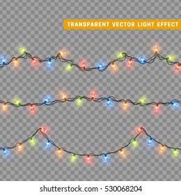 Garlands, Christmas decorations lights effects. Isolated vector design elements. Glowing lights for Xmas Holiday greeting card design. Colored led light and luminous neon.
