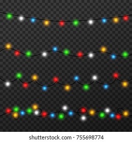 Garlands, Christmas decorations lights effects. Isolated vector design elements. Glowing lights for Xmas Holiday greeting card design. Colored led light and luminous neon.