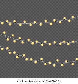 Garlands, Christmas decorations lights effects. Isolated vector design elements. Glowing lights for Xmas Holiday greeting card design. Christmas  realistic luminous garland.Vector illustration. Eps 10