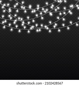 Garlands, Christmas decorations. White light garland on a transparent background. LED neon lights for holiday cards, banners, posters, web designs. Vector illustration, eps 10.