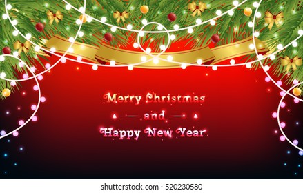 Garlands and christmas tree branches on Bright Christmas background. New Year background. Merry Christmas and Happy New Year