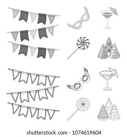 Garlands, cocktail and other accessories at the party.Party and partits set collection icons in outline,monochrome style vector symbol stock illustration web.