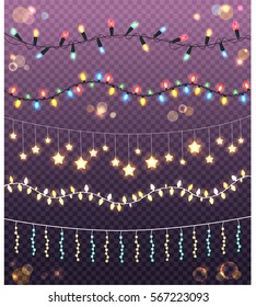 Garlands collection on transparent background. Vector illustration of ropes with many colourful and yellow bulbs in star shape. Abstract creative realistic luminous bulbs for holiday decoration.