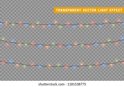 Garlands color colorful isolated vector, Christmas decorations lights effects. Glowing lights for Xmas Holiday.