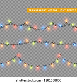 Garlands color colorful isolated vector, Christmas decorations lights effects. Glowing lights for Xmas Holiday.