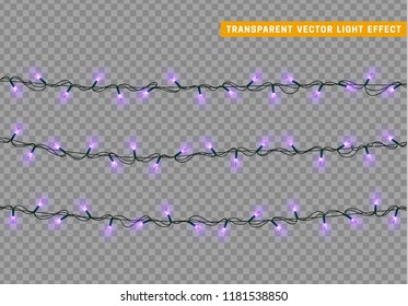 Garlands color lilac isolated vector, Christmas decorations lights effects. Glowing lights for Xmas Holiday.