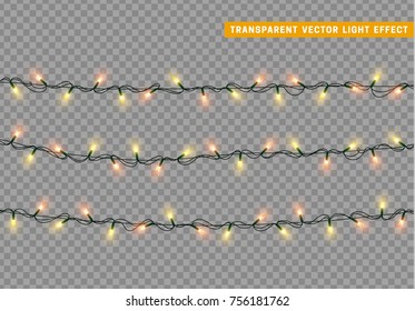 Garlands color yellow and golden isolated vector, Christmas decorations lights effects. Glowing lights for Xmas Holiday.