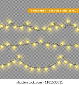 Garlands color yellow isolated vector, Christmas decorations lights effects. Glowing lights for Xmas Holiday.