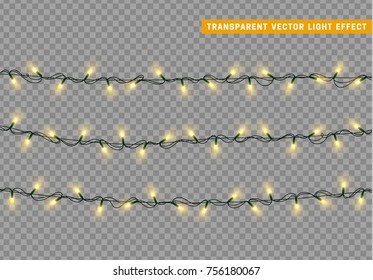 Garlands color yellow isolated vector, Christmas decorations lights effects. Glowing lights for Xmas Holiday.