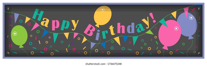 Garlands with colored flags, confetti, balloons and inscription on top - Happy Birthday! Horizontally oriented banner, poster, icon, sign. Vector illustration