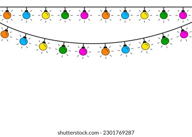 Garlands colored light bulbs in cartoon style. Party decoration. Festive banner. Vector illustration.