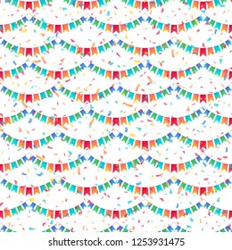 Garlands of colorful festive flags. Background of falling confetti. Seamless pattern. Carnival concept. Vector illustration.