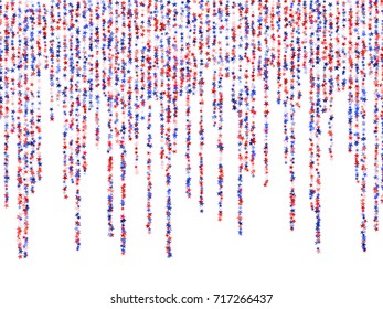 Garlands in colors of USA flag background, blue and red stars falling. American President Day background for card, banner, poster or flyer. USA symbols garlands. Holiday star dust pattern. 