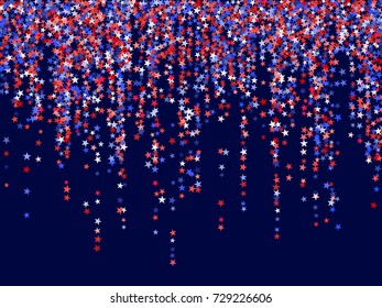 Garlands in colors of USA flag background, blue and red stars falling. American President Day background for card, banner, poster or flyer. USA symbols garlands. Holiday star dust pattern.