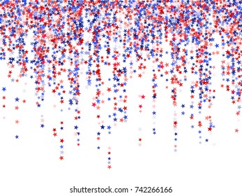 Garlands in colors of USA flag background, blue and red stars falling. American President Day background for card, banner, poster or flyer. USA symbols garlands. Holiday star dust pattern.