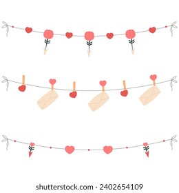 Garlands para el Día de San Valentín. Corazones colgantes, sobre, flecha rosa, flecha de corazón, para decoración festiva. Ilustración vectorial plana.