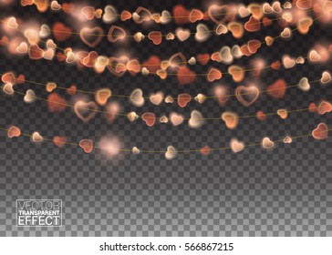 Garlands decoration Lights Isolated Realistic Design Elements. Lamps in the form of Red Heart. Glowing Lights for Saint Valentine's Day Holiday greeting card design.