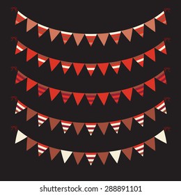 Garlands of festive flags bright triangular shape isolated on black background. Holiday Clip Art.