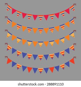 Garlands of festive flags bright triangular shape isolated on grey background. Holiday Clip Art.