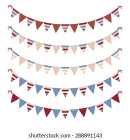 Garlands of festive flags bright triangular shape isolated on white background. Holiday Clip Art.