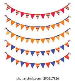 Garlands of festive flags bright triangular shape isolated on white background. Holiday Clip Art.