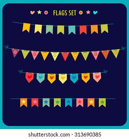 Garlands Of Festive Flags Isolated On Dark Background. Vector Holiday Clip Art. Festive Flags For Sale. Festive House Flags. Holiday Flags. Holiday Flags For Outdoors. Set Of Holiday Flags.