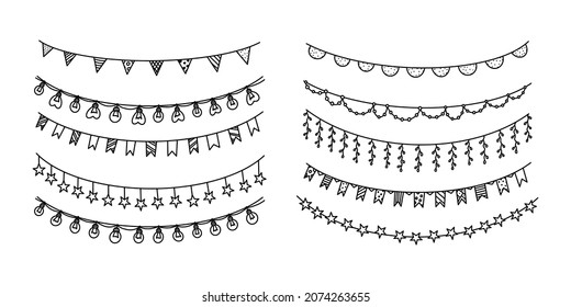 Garlands with flags, bulbs and stars for carnival or celebration. Set of decor garlands isolated on white background. Vector illustration in doodle style