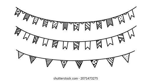 Garlands with flags for carnival or celebration. Set of decor garlands isolated on white background. Vector illustration in doodle style