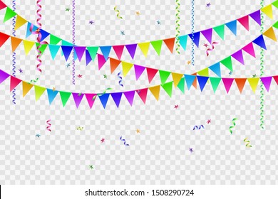 Garlands of flags and confetti with ribbons. Decorations isolated on transparent background. Vector illustration.