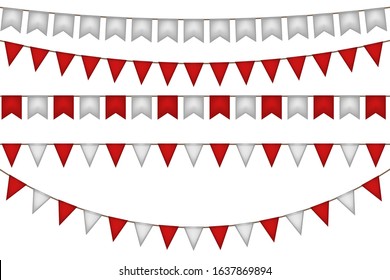 Garlands with flags for party. Red and white decoration. Vector illustration.