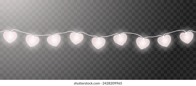 Garlands of glowing light pink transparent glass hearts. Vector illustration.