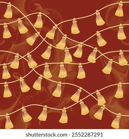Garlands with golden tassels on dark red background, seamless vector pattern